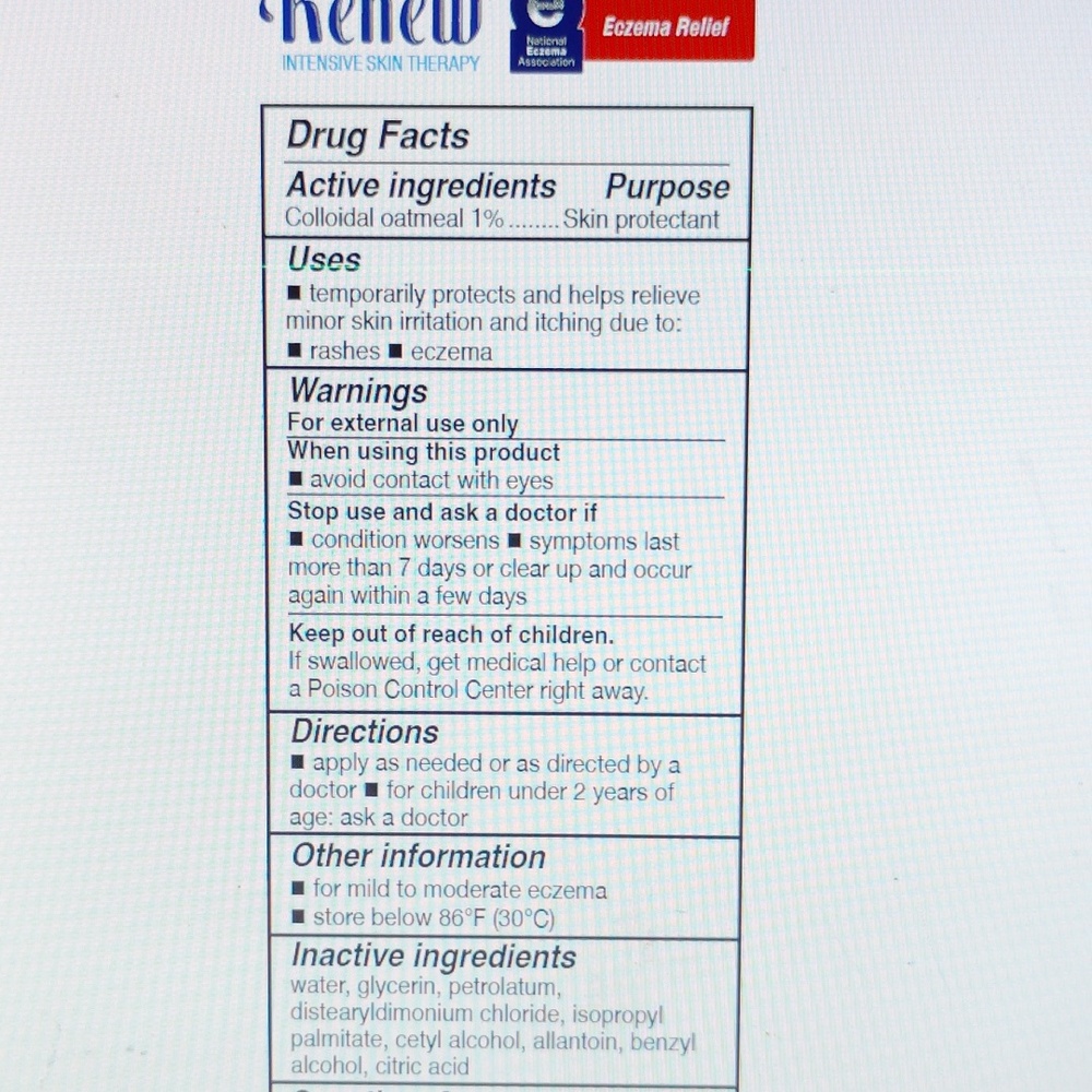 Renew Eczema Relief COLLOIDAL OATMEAL, USP-GRADE PETROLATUM PLANT-BASED GLYCERIN - Picture 15 of 16